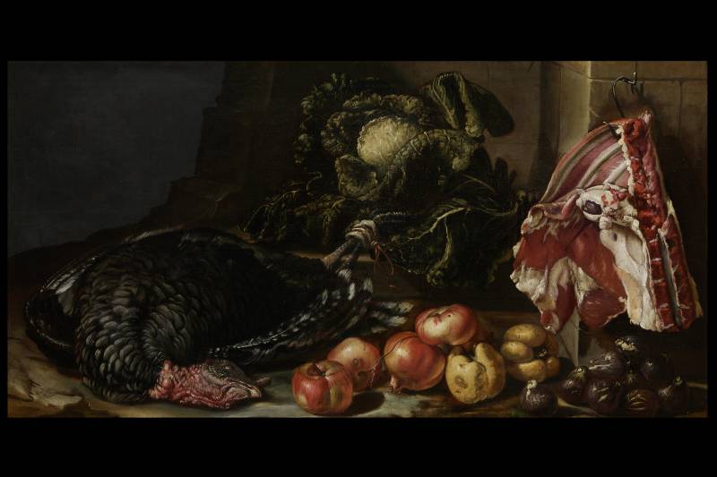 Bartolomeo Arbotori (Piacenza, 1594 &ndash; 1676), Natura morta con frutta ortaggi e tacchino 