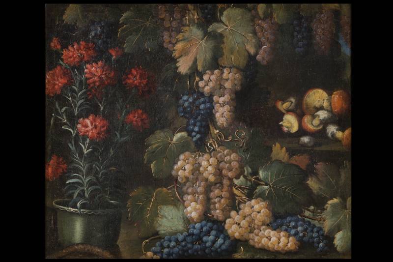 Antonio Gianlisi (Rizzolo, Piacenza, 1677 &ndash; Cremona, 1727), Coppia di nature morte, Natura morta di garofani, uva e funghi  - Natura morta di pesche, uva e fiori