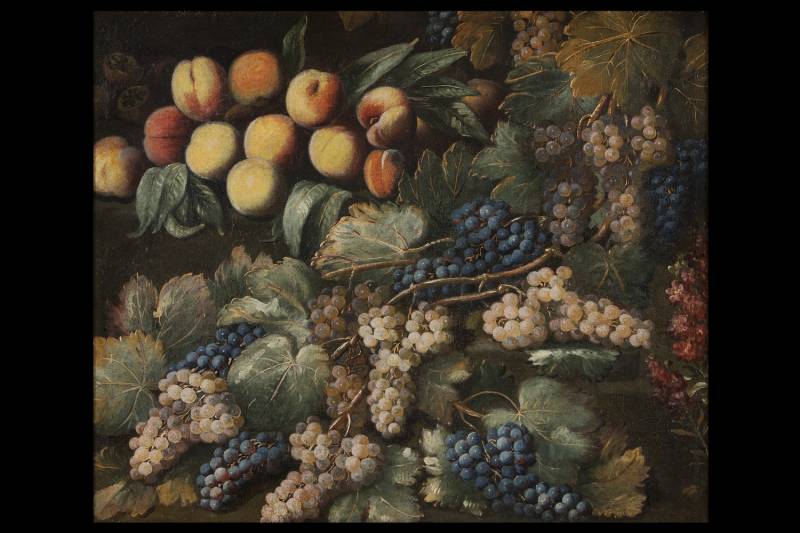 Antonio Gianlisi (Rizzolo, Piacenza, 1677 &ndash; Cremona, 1727), Coppia di nature morte, Natura morta di garofani, uva e funghi  - Natura morta di pesche, uva e fiori
